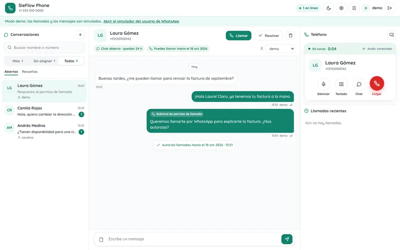 SieFlow Phone: bandeja de WhatsApp con una llamada en curso en el teléfono del navegador (modo de demostración)